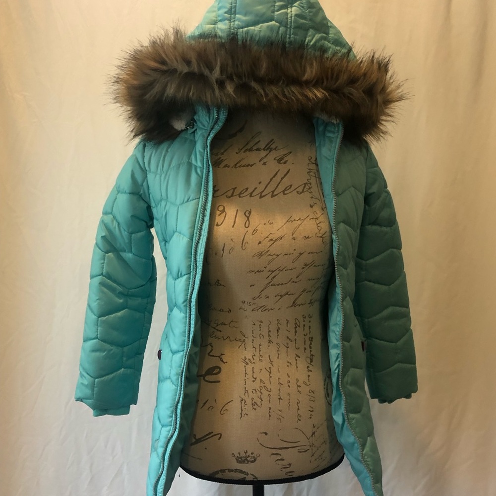 Cat & Jack Teal Puffer Jacket with Faux Fur Trim